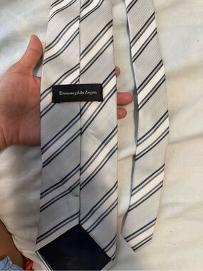 Ermenegildo Zegna White and Navy Striped Silk Tie